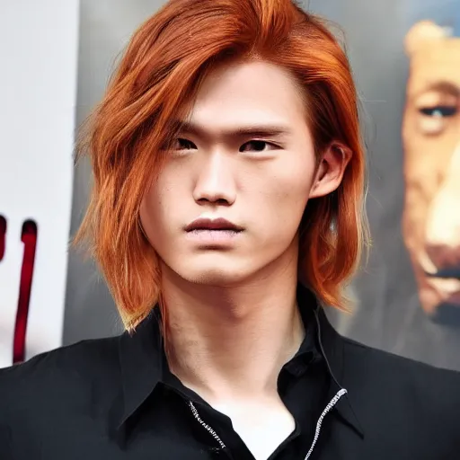 Image similar to a beautiful picture of a jong red blond man wiht a sharp face and brown eyes, long hair, pointy nose