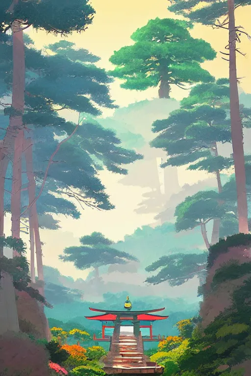 Prompt: Japanese Torii in a colorful moutain with trees ,morning , by studio ghibli painting, by Grzegorz Rutkowski, concept art