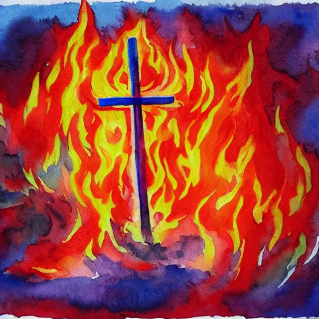 Image similar to cross in flames, fire burning in rainbow colors, watercolor