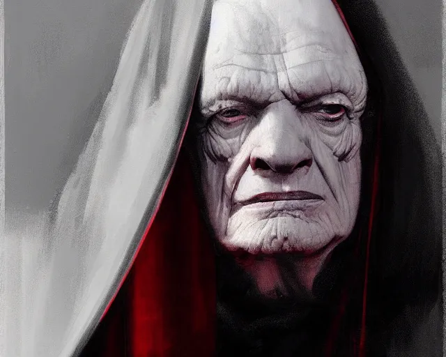 Prompt: portrait of emperor palpatine sidious played by ian mcdiarmid with a big hood, in shades of grey, but with red, by jeremy mann