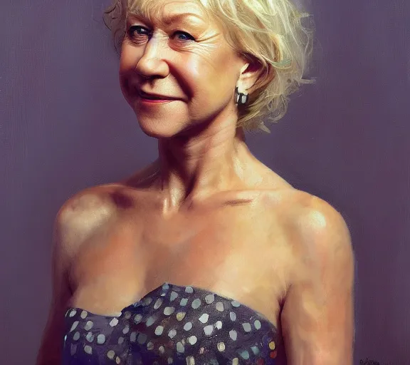 Prompt: a hyper-detailed portrait of Helen Mirren by Craig Mullins; oil on canvas; trending on artstation; 90mm; f/1.4