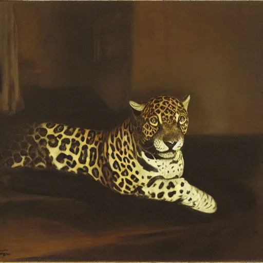 Prompt: intense jaguar in a dark misty room, by John Singer Sargent