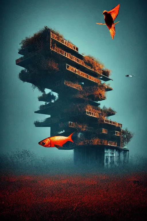 Image similar to burning overgrowth!!!!!+a lone man+fish flying in the sky, Mads Berg, Karolis Strautniekas, film noir, stippled light, dramatic lighting,editorial illustration, detailed,fine texture, matte print, art deco, brutalism, dark blue + dark orange, red, black, ((habitat 67 background))