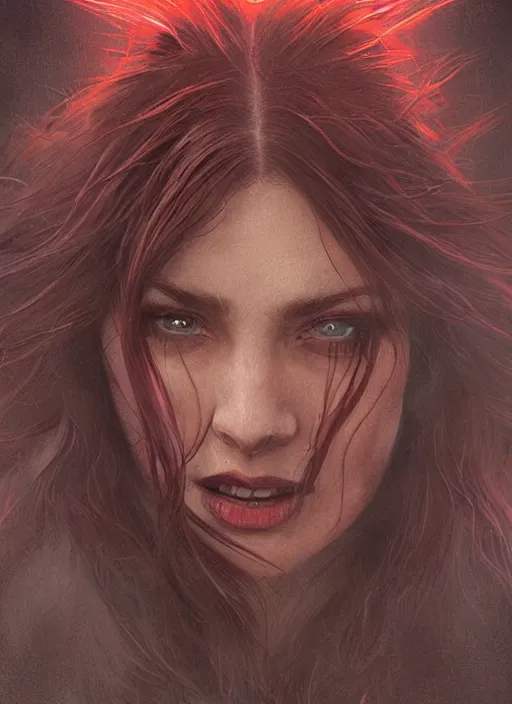 Prompt: vertical portrait of a ruggedly handsome female witch furious screams she wants to live, soft hair, close - up face, leather, witchy, d & d, fantasy, intricate, elegant, highly detailed, digital painting, artstation, concept art, smooth, sharp focus, illustration, art by artgerm and greg rutkowski and alphonse mucha, plain red background