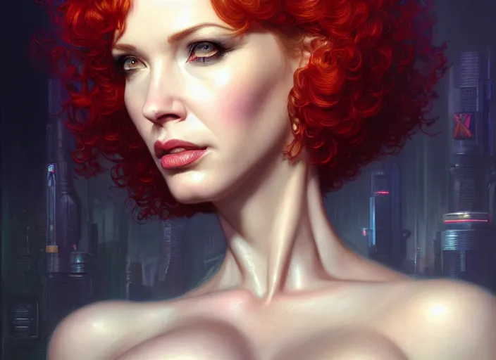 Image similar to portrait shot of a christina hendricks in cyberpunk 2 0 7 7, intricate, elegant, highly detailed, centered, digital painting, artstation, concept art, smooth, sharp focus, illustration, artgerm, tomasz alen kopera, peter mohrbacher, donato giancola, joseph christian leyendecker, wlop, boris vallejo