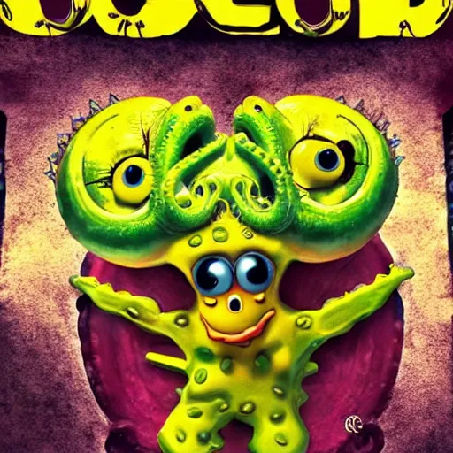 Image similar to spongebob bodybuilder Cthulhu hybrid, photorealistic, high-definition, action movie poster