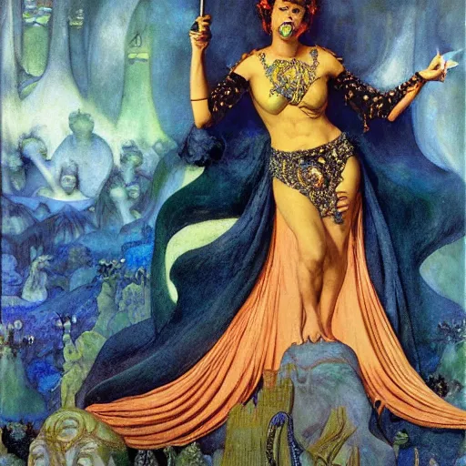 Prompt: the queen of the underworld in full regalia, by Annie Swynnerton and Diego Rivera and Tino Rodriguez and Maxfield Parrish and Nicholas Roerich, elaborately costumed, rich color, dramatic cinematic lighting, extremely detailed