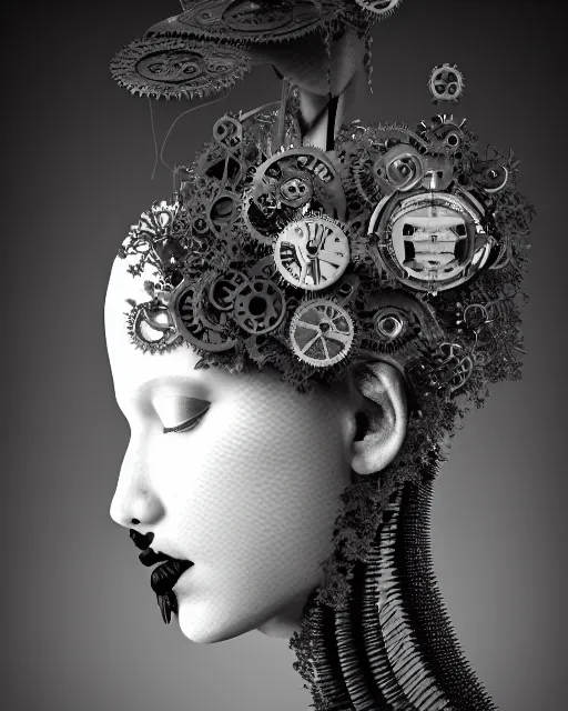 Image similar to black and white dreamy foggy smoky profile face portrait, one silver steampunk eye biomechanical beautiful young female cyclope - cyborg - robot bust, body ribs meshes,, volumetric light, hibiscus flowers, by hg giger, rim light, by dora maar and cecile beaton, big gothic fashion pearl embroidered collar, 8 k