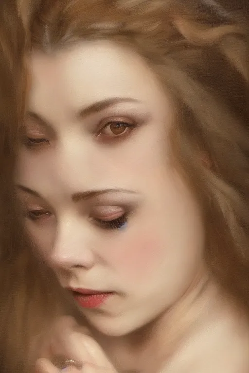 Image similar to a portrait of an elegant beautiful dark bohemian vampire woman, smooth face, glamour shot, (Natalie Dormer), bored, illustration, dramatic lighting, soft details, painting oil on canvas, art nouveau, octane render, HDR, 4k, 8k, HD, by Edmund Blair Leighton, Brom, Charlie Bowater, trending on artstation,