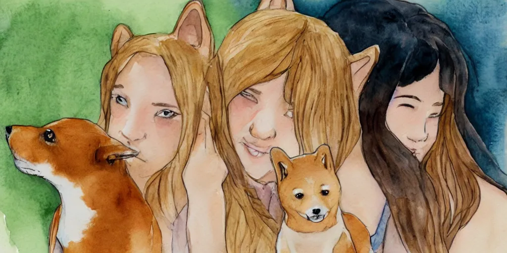 Image similar to a watercolor illustration of a girl with brown hair, hazel eyes and freckles, with a shiba inu