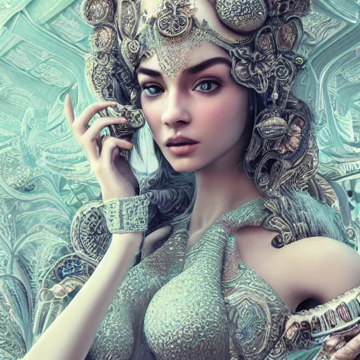 Image similar to wonderful princess of fractals and patterns, beautiful face, hyper detailed, background intricate and detailed, ornate 8 k gorgeous intricate detailed, octane render