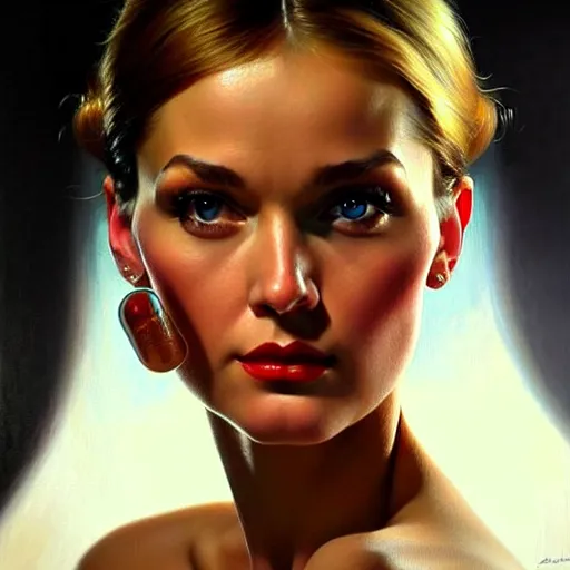 Prompt: close up face of a extremely beautiful bond female vam pire portrait, masterpiece, oil on canvas!!!!!!!!!!!!!!!, artgerm, norman rockwell, craig mulins, trending on pxiv,