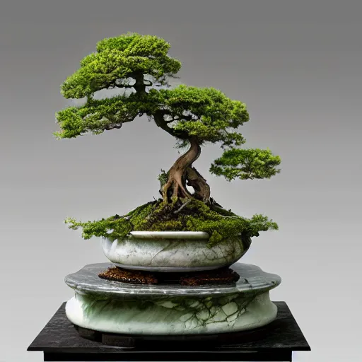 Prompt: stunningly beautiful sculpture of bonsai house made of marble by ellen jewett, deep colour, octane render 4 k
