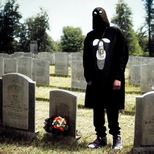 Image similar to MF DOOM wearing MF DOOM mask standing in a graveyard with a dug up coffin