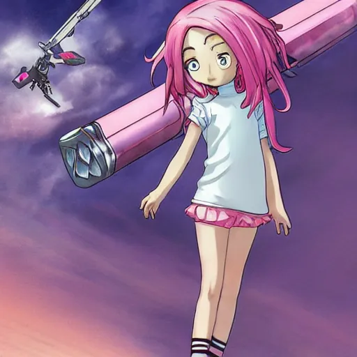 Prompt: pink haired child posing atop a giant robot, anya, spy x family manga, anime, by tatsuya endo