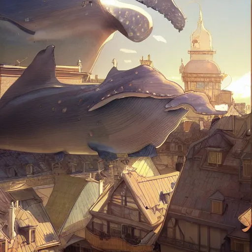 Image similar to Whales in the sky over the rooftops, highly detailed, digital painting, artstation, illustration, art by artgerm and greg rutkowski and alphonse mucha