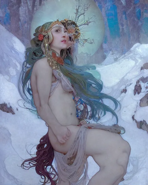 Image similar to a goddess of frost, adorned with precious stones, by jeremy mann and alphonse mucha, peter mohrbacher, james jean