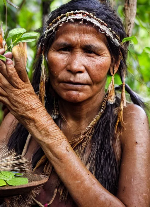 Image similar to a beautiful close up portrait of an indigenous woman preparing plant medicines in the jungle, highly detailed