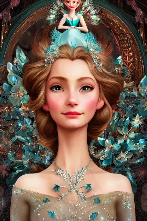 Prompt: extremely beautiful face closeup, 3 d render of english princess elsa holding birds, ornaments, mucha vibe, dieselpunk, solarpunk, artstation, gorgeous, elegant, graceful