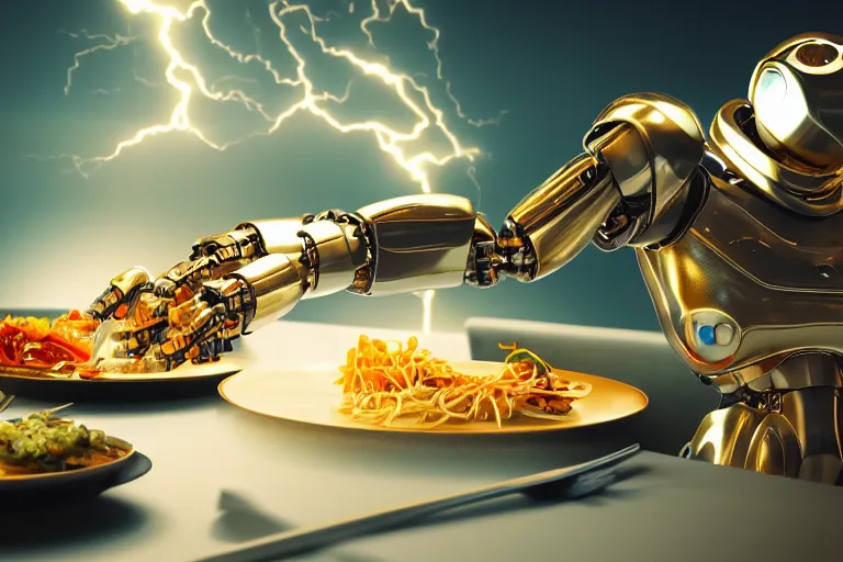 Image similar to a robot is eating an Asian food, 4k, ultra details, cinematic, epic style, beautiful photo, hyper realistic, octane render, unreal engine, award winning, on artstation, volumetric lightning, masterpiece, golden hour,