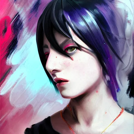 Prompt: Goth girl portrait in the style of Mirror's Edge, concept art, painting by Joaquin Sorolla