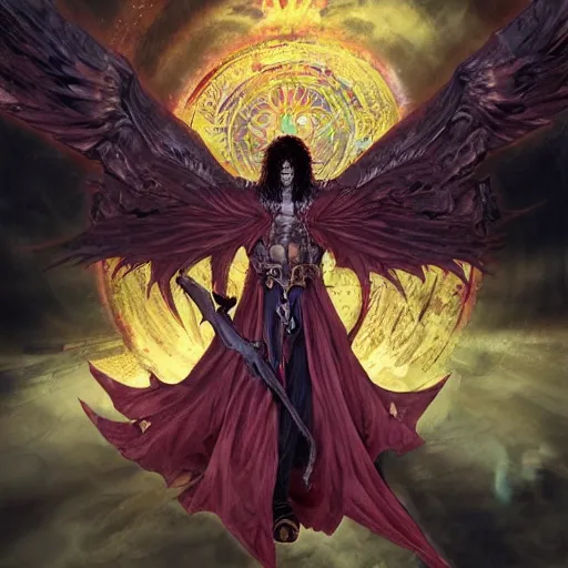 Image similar to 4K headshot of godlike Reaper of Nazareth with defined arms and open hands and bloody clothes with giant mandala wings , intricate face , flawless anime cel animation by Kentaro Miura, psychedelic , highly detailed upper body , professionally post-processed , beautiful, scary, symmetry accurate features, epic, octane rendered, anime masterpiece, accurate by Craig Mullins, ilya kuvshinov, krenz cushart, epic , artgerm trending on artstation by Edward Hopper and Dan Mumford and WLOP and Rutkovsky, beksinski carl spitzweg moebius and tuomas kocar, intricate artwork by caravaggio, Unreal Engine 5, Lumen, Nanite