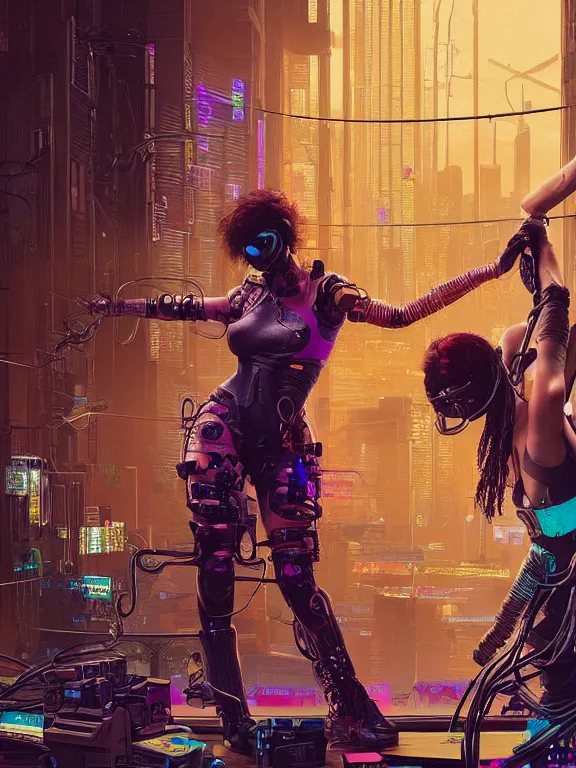 Prompt: a cyberpunk 2077 illustration half body portrait of two female android pole dancer queen,complex mess of cables and wires behind them connected to giant computer, film lighting, by laurie greasley,Lawrence Alma-Tadema,William Morris,Dan Mumford, trending on atrstation, full of color, mythological, high detailed,golden ratio,cinematic lighting
