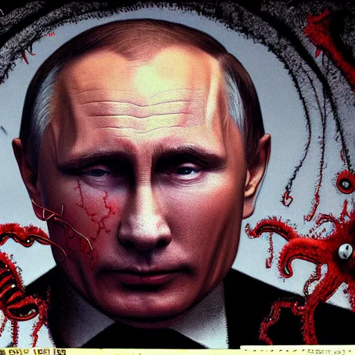 Prompt: vladimir putin became bloody ugly lovecraftian degenerate abomination, photo - realistic, color image, 2 k, highly detailed, bodyhorror, occult art