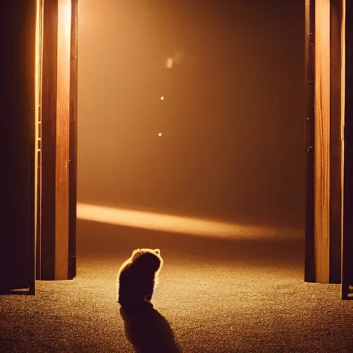 Prompt: dark photograph of a small bear mascot with a spotlight focused on him walking through a large wooden doorway