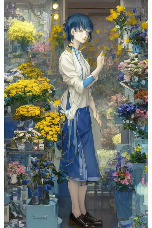 Image similar to a girl working in a flower shop in the afternoon, it is raining outside the window,blue and grey theme,JK uniform ,blue theme with eye-catching yellow accents ,S line, by krenz cushart and mucha and range murata and greg rutkowski