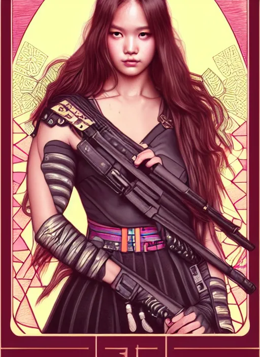 Image similar to jossi of blackpink, female soldier, tarot card, highly detailed, digital painting, smooth, sharp focus, illustration, ultra realistic, 8 k, art by artgerm and alphonse mucha