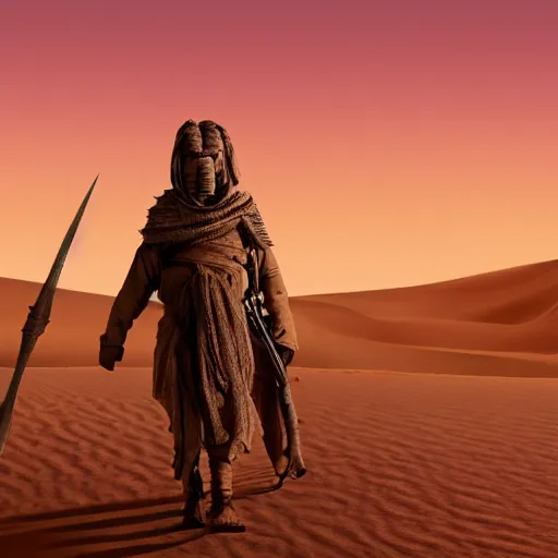 Image similar to man wearing tan turban in the desert Tusken Raider Dune (2021) Witch-king of Angmar. Desert twilight purple sunset beautiful art by Roger Deakins Jeremy Saulnier Newton Thomas Sigel Robert Elswit Greig Fraser trending rtx on ue5