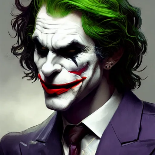 Image similar to [Rossi de Palma as the Joker, closeup, D&D, intricate, elegant, highly detailed, digital painting, artstation, concept art, matte, sharp focus, illustration, art by Artgerm and Greg Rutkowski and Alphonse Mucha]