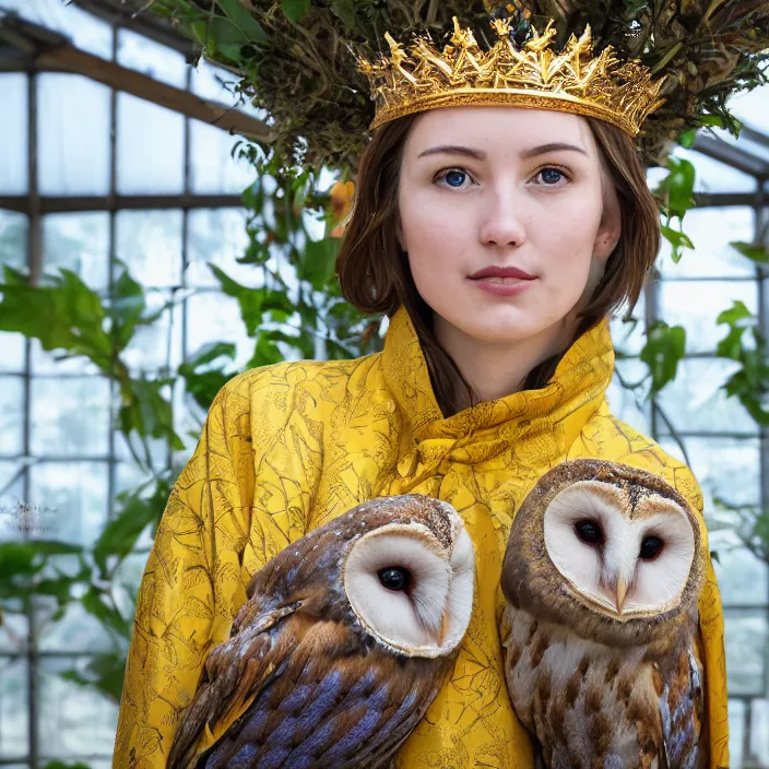 Prompt: portrait photograph of an extremely beautiful!!!! young female , symmetric face!, symmetric round detailed eyes!!, slight smile, natural light, wearing a yellow kimono!! with a very detailed barn owl! on her shoulder in a tropical greenhouse. looking at the camera!!. golden crown made of golden leaves. super resolution. Extremely detailed. Graflex camera!, bokeh!!!!!. art by alphonse mucha