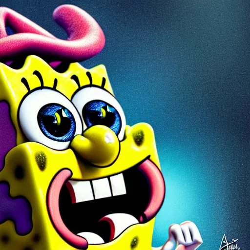 Image similar to perfectly - centered close - up face - portrait of evil spongebob, intricate, elegant, super highly detailed, professional digital painting, artstation, concept art, smooth, sharp focus, no blur, no dof, extreme illustration, unreal engine 5, 8 k, by anne stokes