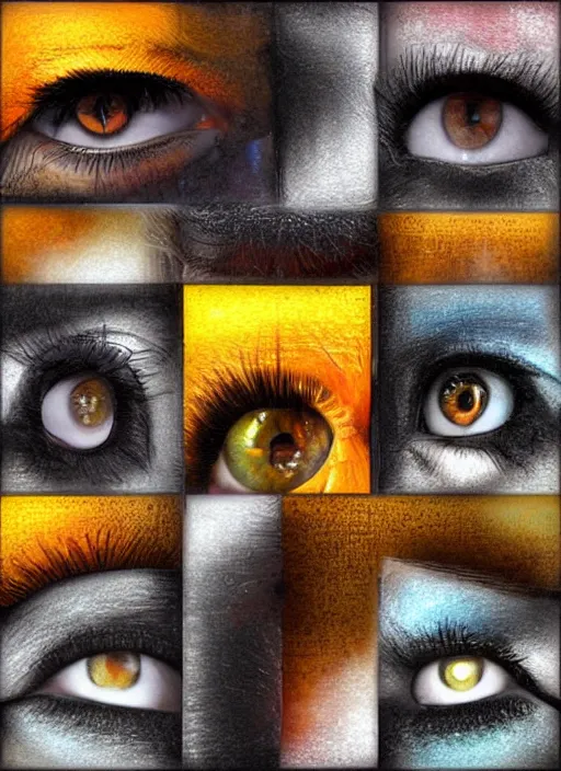 Prompt: grid montage of cube shaped eyes cubes, square shaped black dilated pupils cubes, cube shaped irises, detailed colored textures, lashes, advanced art, art styles mix, wet reflections in square eyes, sunshine light, hd macro photograph, from side, various cune eyelid positions, square black pupil centered