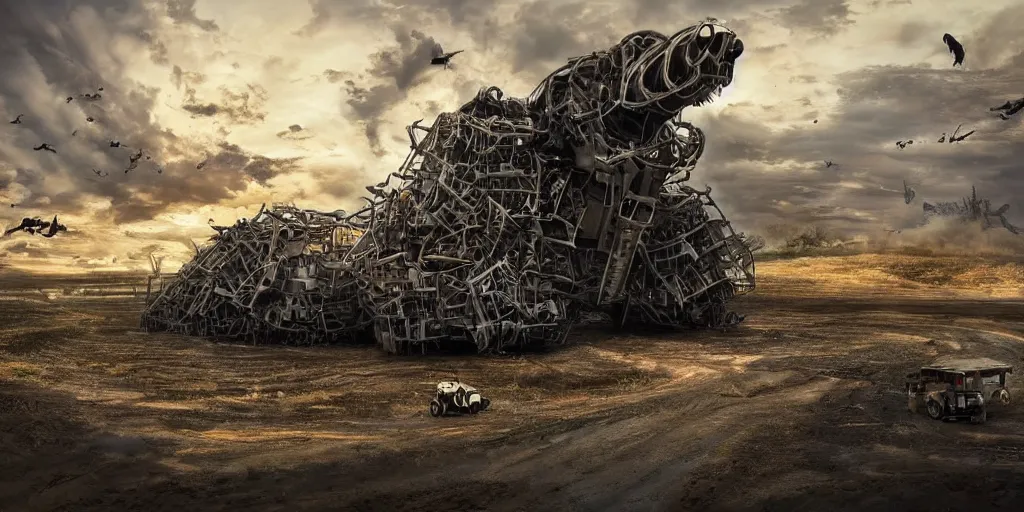 Prompt: beautiful extreme wide photo of, a single enormous mechanized metal pig machine destroying a philidelphia, cinematic, in the style of a nature documentary full body