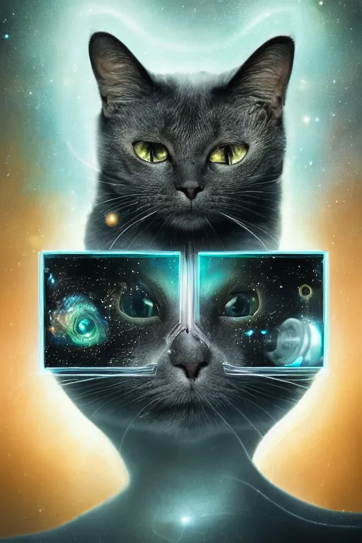 Prompt: a beautiful ultradetailed fine art photo of a futuristic cybernetic cyborg cat against galactic space, by tom bagshaw and natalie shau, portrait, 3 5 mm lens, golden ratio composition, detailed face, studio photography, very detailed, deep depth of field, humanoids, industrial robotic cats, artstation, 8 k, highly coherent