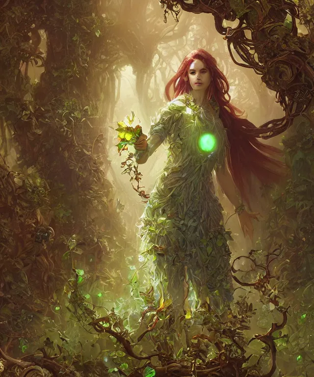 Image similar to a woman spore druid with leaf and vine themed clothing, fully clothed, glowing energy, D&D, fantasy, intricate, cinematic lighting, highly detailed, digital painting, artstation, concept art, smooth, sharp focus, illustration, art by Artgerm and Greg Rutkowski and Alphonse Mucha