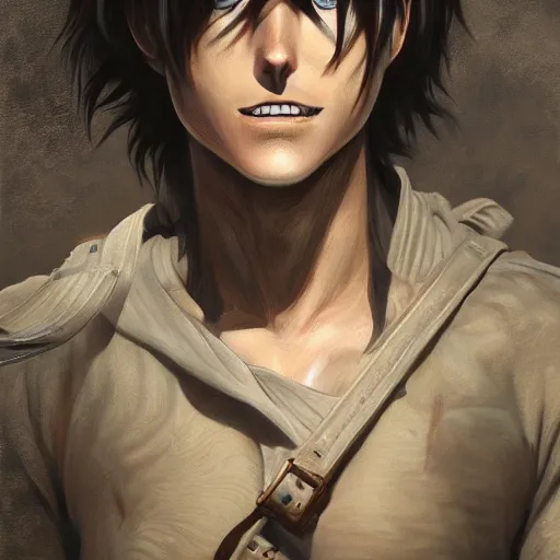 Prompt: eren yeager concept art, detailed oil painting, highly detailed, highly accurate, deep aesthetic, 8 k, highly ornate intricate details, cinematic lighting, rich colors, ray tracing, hyperrealistic, photorealistic, cinematic landscape, trending on artstation,