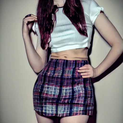 Prompt: gothic teen girl in plaid mini skirt and crop top, intricate, extremely detailed, modeling photography, 8 0 mm camera, dramatic lighting