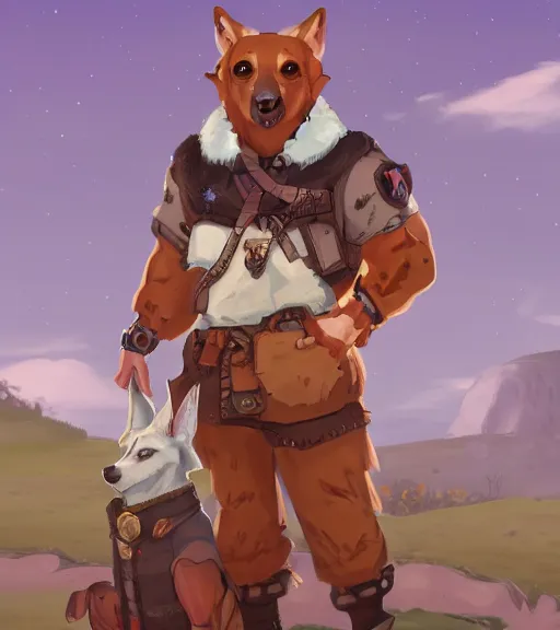 Image similar to stylized three quarters portrait concept art of the burly surly mercenary anthro anthropomorphic dingo dog head animal person fursona wearing clothes adventurer standing in australia outback, hidari, color page, tankoban, 4 k, tone mapping, akihiko yoshida, clean bright happy