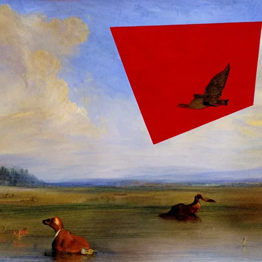 Image similar to A red dog sitting in the middle with red squares floating. Ducks flying in the background. in the art style of William Turner. Dramatic, high resolution.