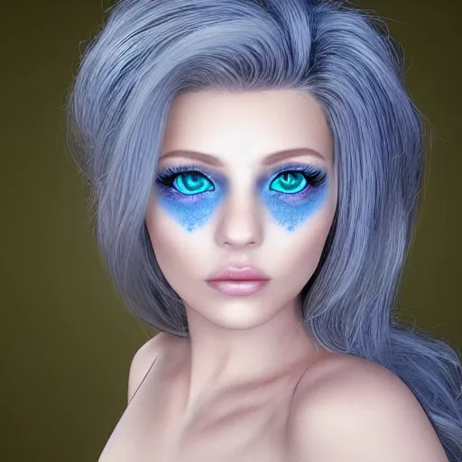 Image similar to “hyperrealistic ultra detailed unreal engine 5 RTX raytracing nvidia hairworks render of portrait of the most beautiful girl with blue eyes and white hair. heavens background. She has amazing silver jevelery. Nose piercing. Black shiny Latex designer dress . Ultra realistic face Rainbow. Grymes inspires. Wonderful landscape on the background. Photo. Photorealistic. Beautiful makeup”