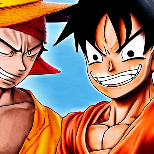 Prompt: luffy dapping up goku in the hood, hyper realistic, 4 k, ultra detailed, intricate, octane render, award winning, magazine spread,