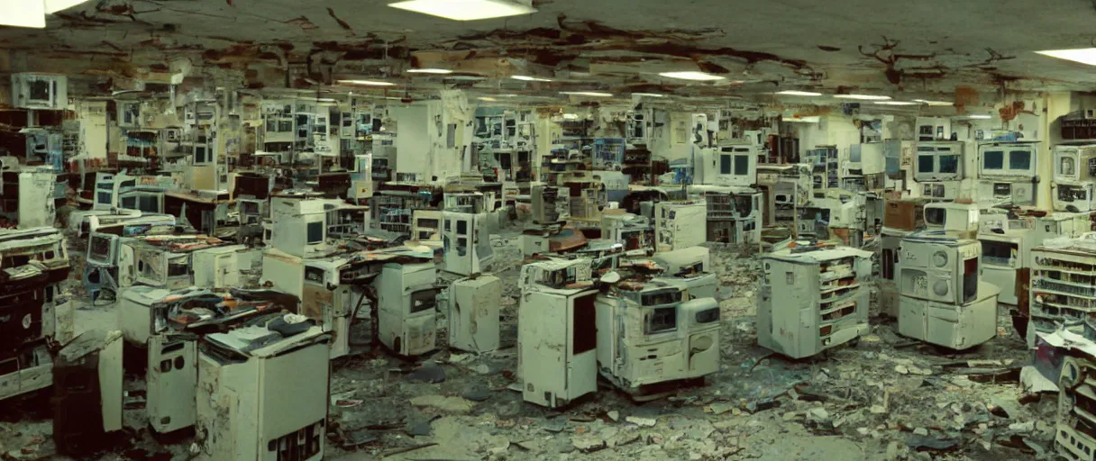 Prompt: movie still 4 k uhd 3 5 mm film color photograph of an abandoned computer laboratory full of 4 0 s decade of xx century vacuumtube computers