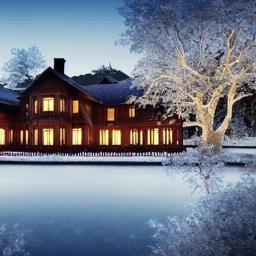 Prompt: wooden mansion in the woods snow, lights large lake highly realistic photorealistic