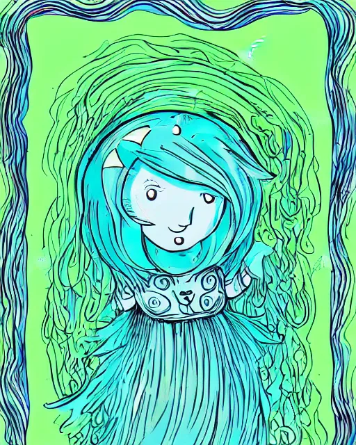 Prompt: illustration of a cute wisp spirit, cyan and green tones, bright colors