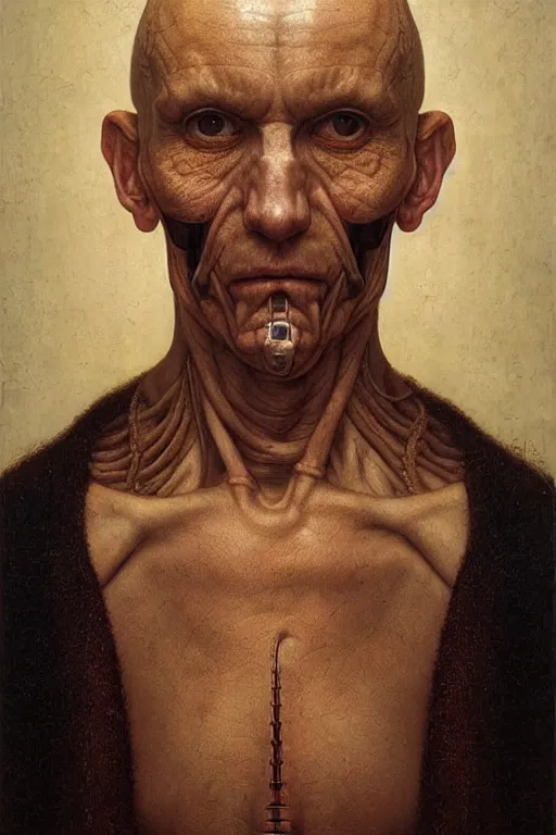 Prompt: beautiful clean oil painting biomechanical portrait of man face by dino valls, wayne barlowe, rembrandt, complex, stunning, realistic, skin color