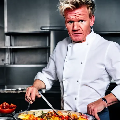 Image similar to gordon ramsay eating the food from the trash